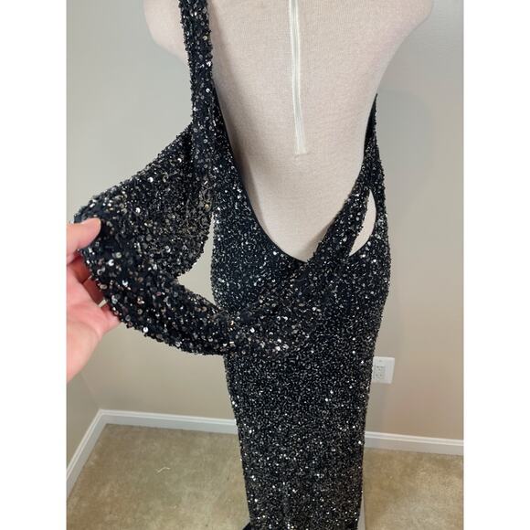 Retrofete Celine Sequin Asymmetrical Shoulder Draped Black Maxi Dress Size L - Picture 7 of 9